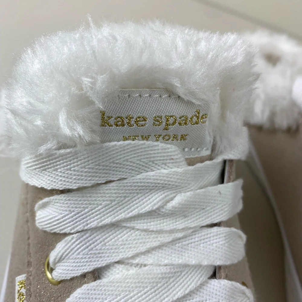 Kate Spade Keds Tan Sparkle Fur Trim Slip On Tennis Shoes size 7 - Picture 3 of 9